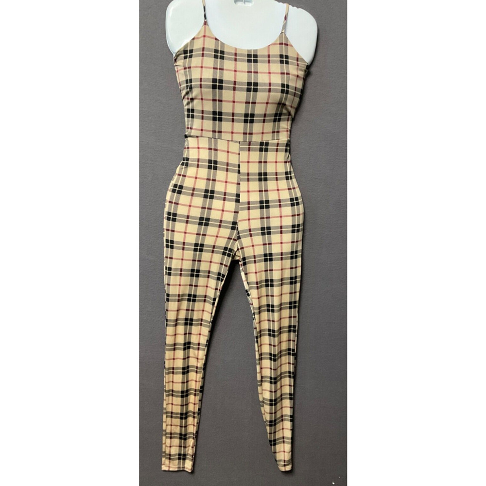 Plaid‎ Sleeveless Jumpsuit Women's Beige & Black, S/XS, Ties in Back, Soft Fab
